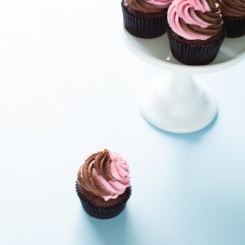 Triple Chocolate Cupcakes with Pink & Chocolate Swirled Frosting from thelittlekiitchen.com