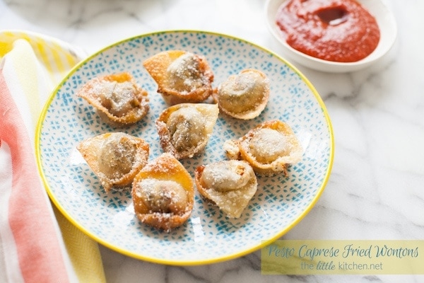 Pesto Caprese Fried Wontons from thelittlekiitchen.com
