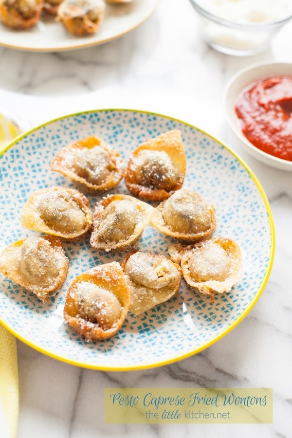 Pesto Caprese Fried Wontons from thelittlekiitchen.com