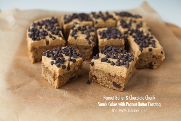 Peanut Butter & Chocolate Chunk Snack Cakes with Peanut Butter Frosting from thelittlekiitchen.com