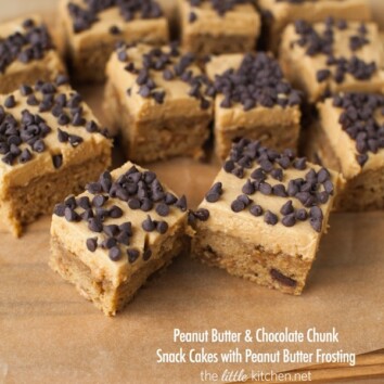 Peanut Butter & Chocolate Chunk Snack Cakes with Peanut Butter Frosting from thelittlekiitchen.com