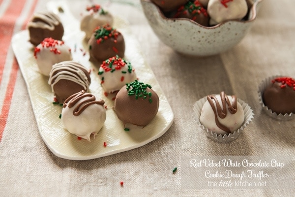 Red Velvet White Chocolate Chip Cookie Dough Truffles from thelittlekiitchen.com