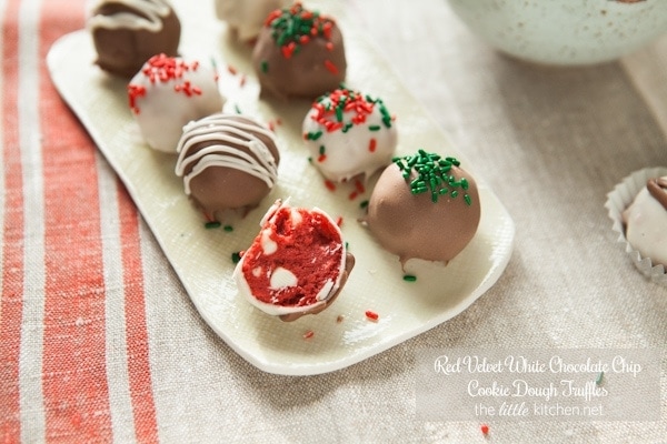 Red Velvet White Chocolate Chip Cookie Dough Truffles from thelittlekiitchen.com