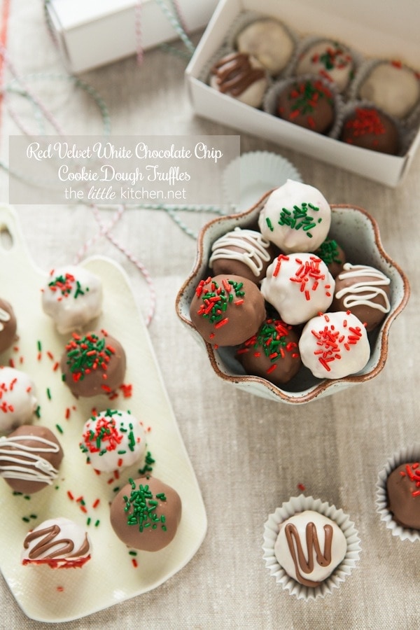 Red Velvet White Chocolate Chip Cookie Dough Truffles from thelittlekiitchen.com
