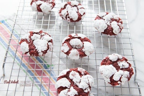 Red Velvet Cream Cheese Crinkle Cookies from thelittlekiitchen.com