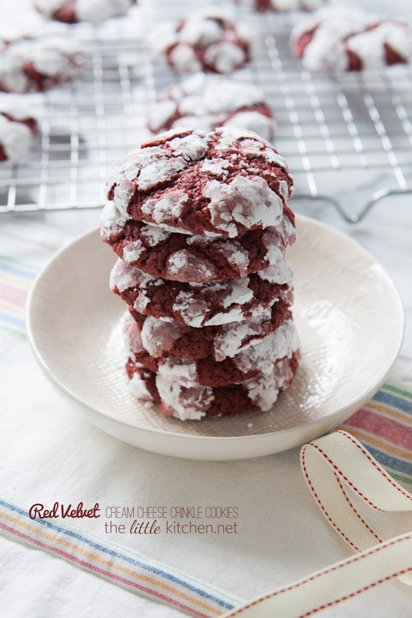 Red Velvet Cream Cheese Crinkle Cookies from thelittlekiitchen.com