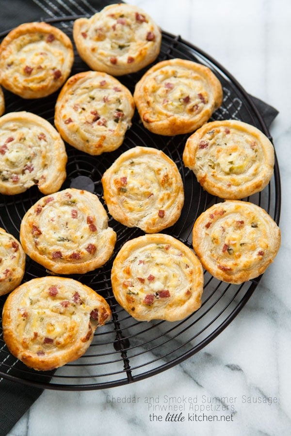 Cheddar and Smoked Summer Sausage Pinwheel Appetizers from thelittlekiitchen.com