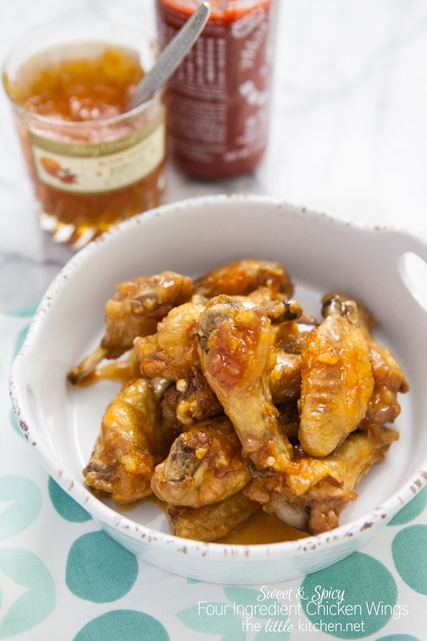 Sweet and Spicy Four Ingredient Chicken Wings from thelittlekiitchen.com