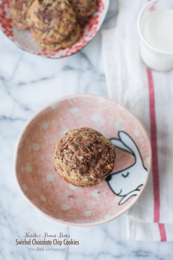 Nutella and Peanut Butter Swirled Chocolate Chip Cookies from thelittlekiitchen.com
