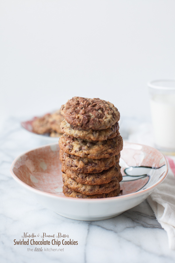Nutella and Peanut Butter Swirled Chocolate Chip Cookies from thelittlekiitchen.com