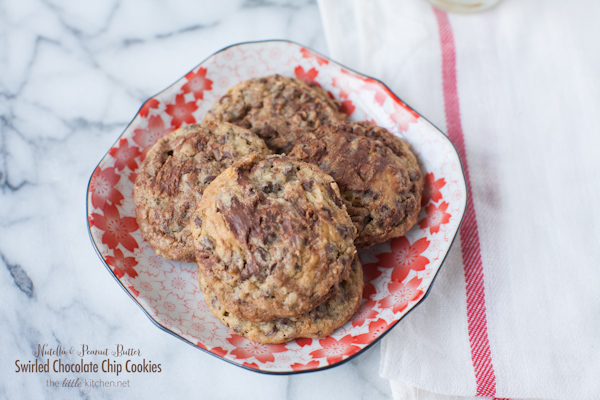 Nutella and Peanut Butter Swirled Chocolate Chip Cookies from thelittlekiitchen.com