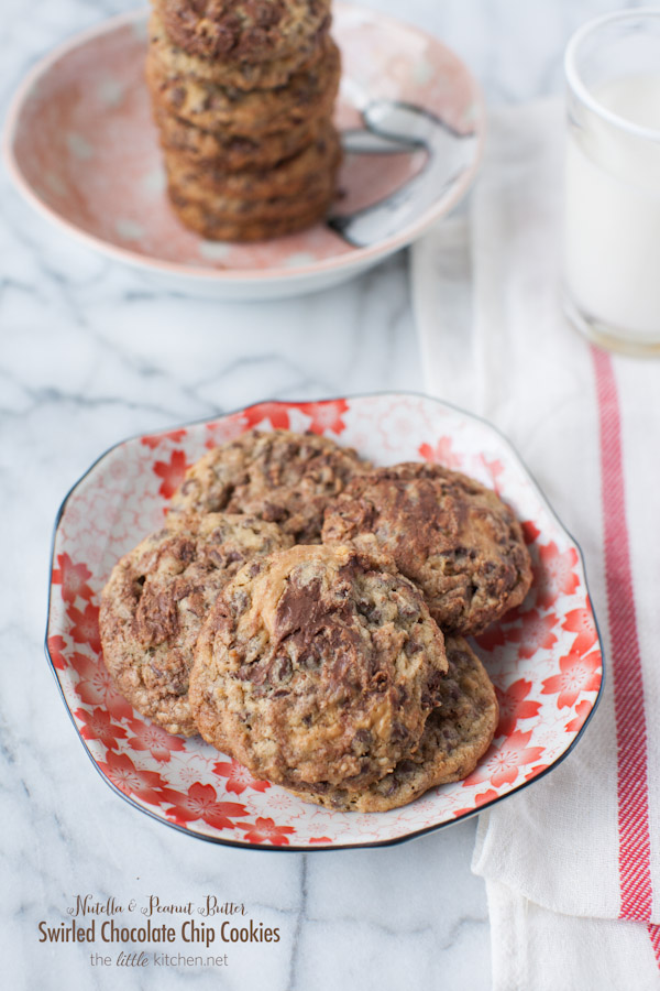 Nutella and Peanut Butter Swirled Chocolate Chip Cookies from thelittlekiitchen.com