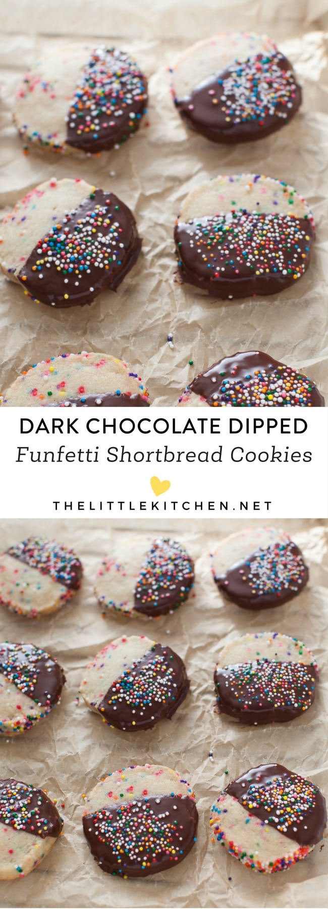 Dark Chocolate Dipped Funfetti Shortbread Cookies from thelittlekiitchen.com
