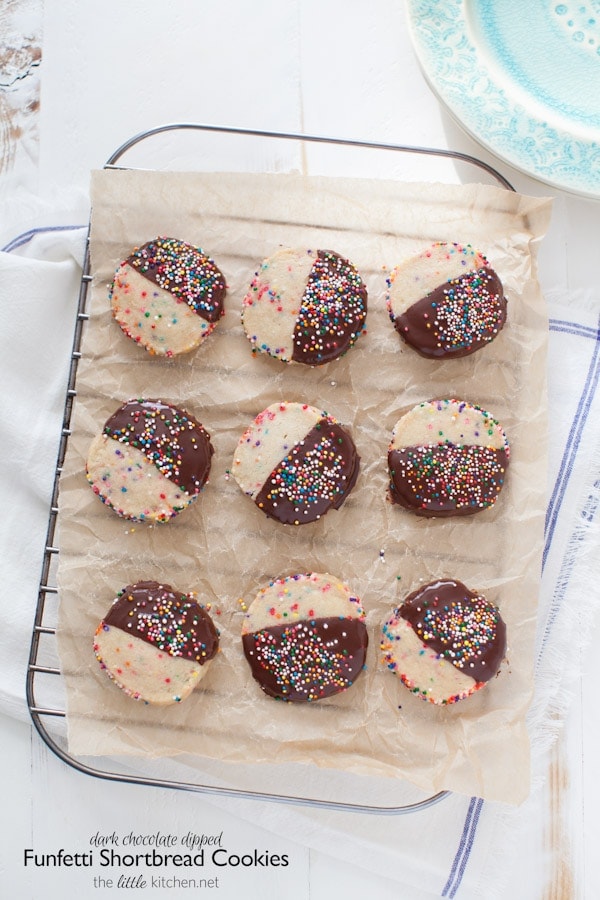 Dark Chocolate Dipped Funfetti Shortbread Cookies from thelittlekiitchen.com