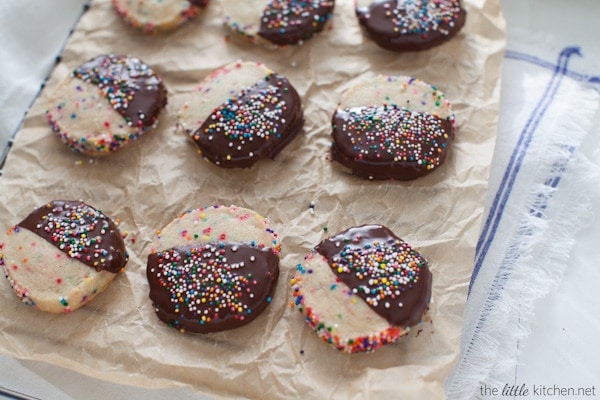 Dark Chocolate Dipped Funfetti Shortbread Cookies from thelittlekiitchen.com