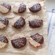 Dark Chocolate Dipped Funfetti Shortbread Cookies from thelittlekiitchen.com