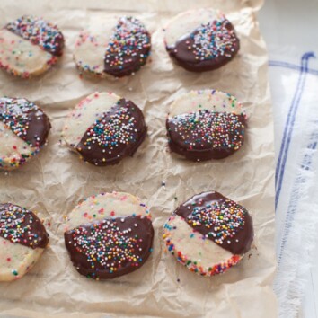 Dark Chocolate Dipped Funfetti Shortbread Cookies from thelittlekiitchen.com