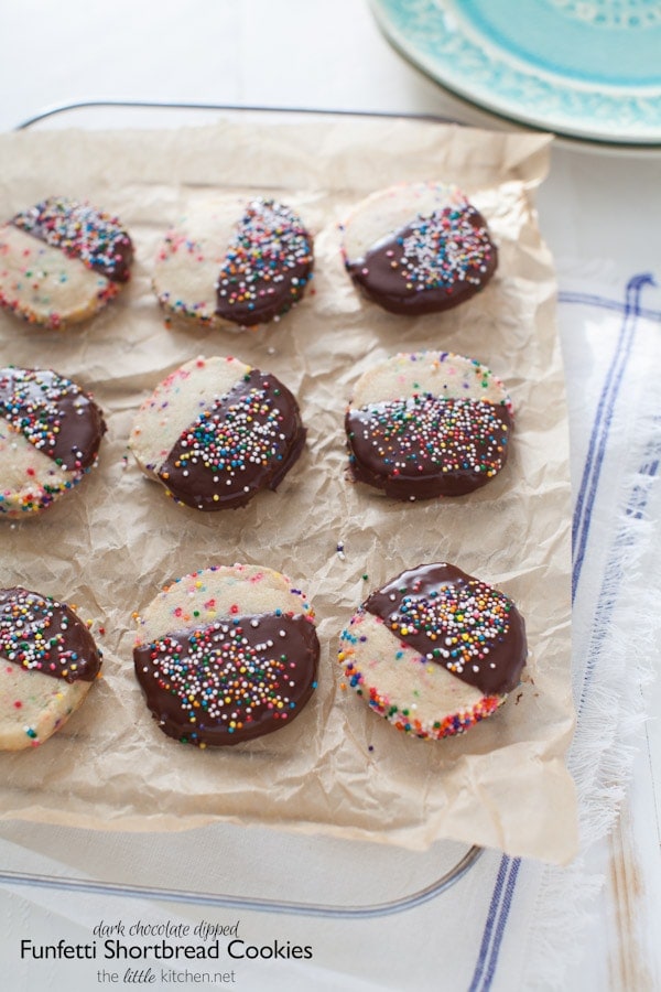 Dark Chocolate Dipped Funfetti Shortbread Cookies from thelittlekiitchen.com