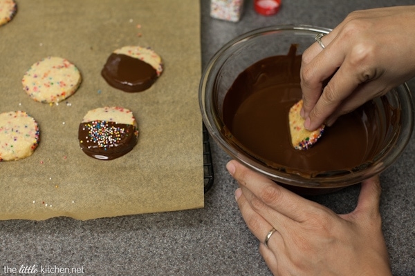 Dark Chocolate Dipped Funfetti Shortbread Cookies from thelittlekiitchen.com