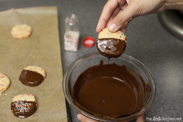 Dark Chocolate Dipped Funfetti Shortbread Cookies from thelittlekiitchen.com