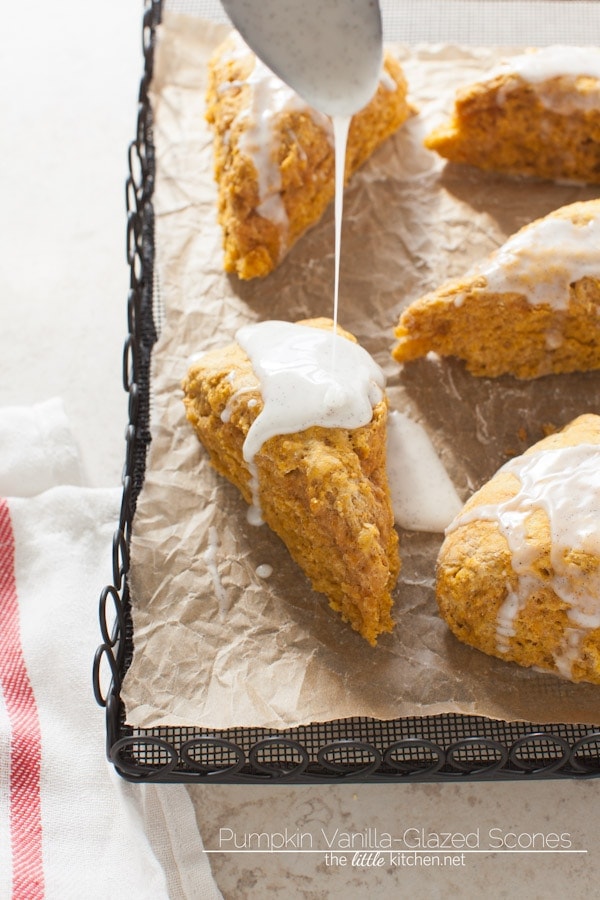 Pumpkin Obsessed Vanilla-Glazed Scones from thelittlekiitchen.com
