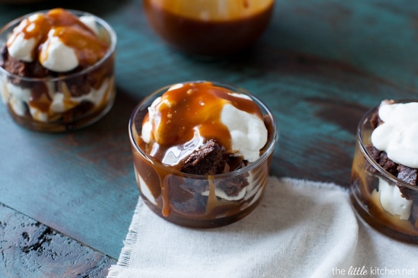 Salted Caramel Brownie Trifles with Whipped Cream from thelittlekiitchen.com