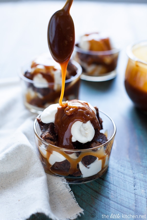 Salted Caramel Brownie Trifles with Whipped Cream from thelittlekiitchen.com