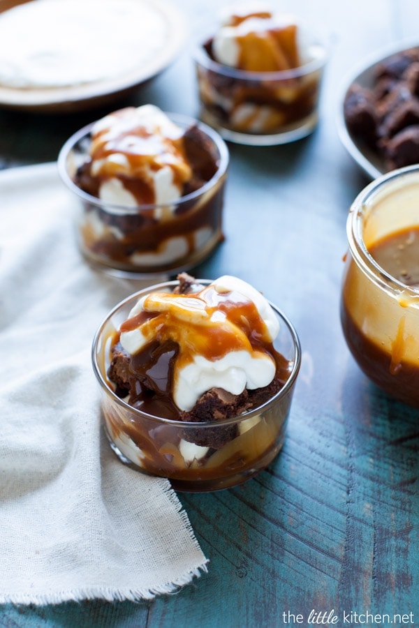 Salted Caramel Brownie Trifles with Whipped Cream from thelittlekiitchen.com