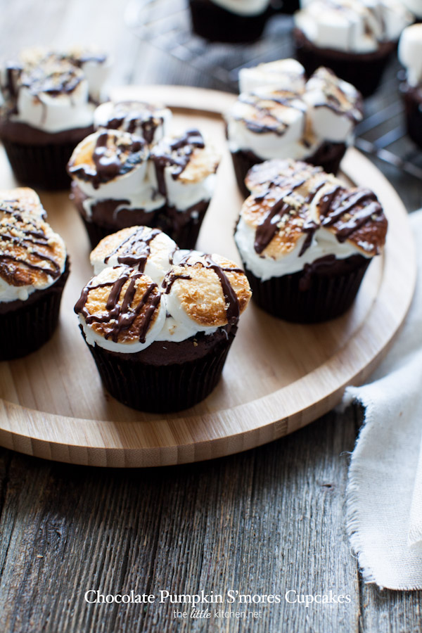Chocolate Pumpkin S'mores Cupcakes from thelittlekiitchen.com #campfiremallows