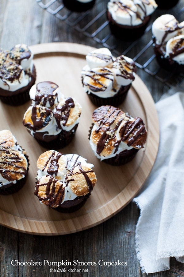 Chocolate Pumpkin S'mores Cupcakes from thelittlekiitchen.com #campfiremallows