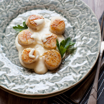 Pan-Seared Scallops with a Gruyère Cheese Sauce from The Little Kitchen thelittlekiitchen.com