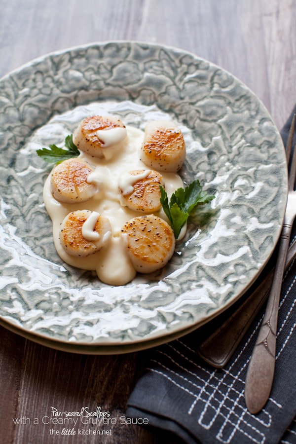 Pan-Seared Scallops with a Gruyère Cheese Sauce from The Little Kitchen thelittlekiitchen.com