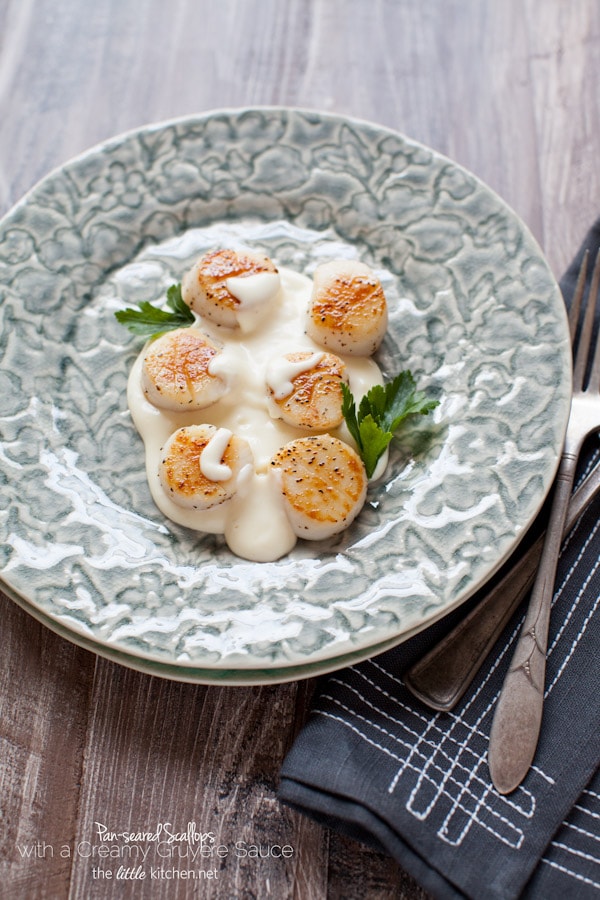Pan-Seared Scallops with a Gruyère Cheese Sauce from The Little Kitchen thelittlekiitchen.com