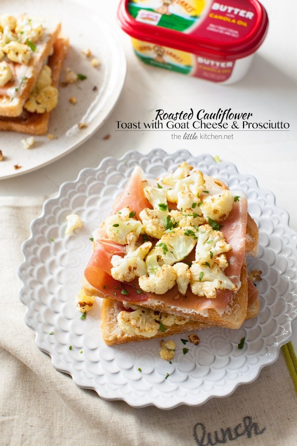 So easy to make...the flavors of the roasted cauliflower go so well well with butter, goat cheese & prosciutto! Roasted Cauliflower Toast with Goat Cheese & Prosciutto from thelittlekiitchen.com
