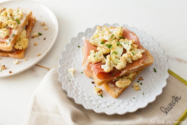 So easy to make...the flavors of the roasted cauliflower go so well well with butter, goat cheese & prosciutto! Roasted Cauliflower Toast with Goat Cheese & Prosciutto from thelittlekiitchen.com