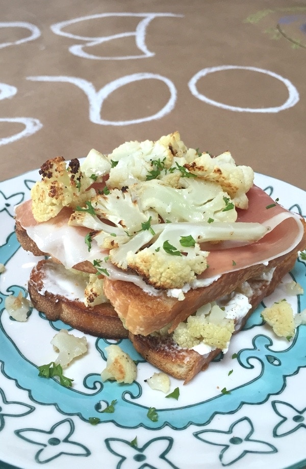 So easy to make...the flavors of the roasted cauliflower go so well well with butter, goat cheese & prosciutto! Roasted Cauliflower Toast with Goat Cheese & Prosciutto from thelittlekiitchen.com