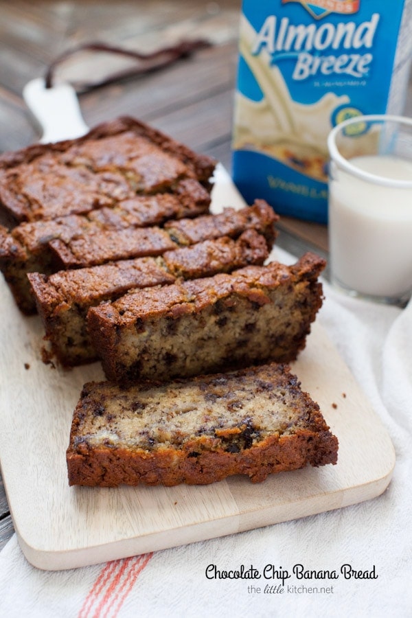 This bread is so easy to make and it's made with almondmilk! Chocolate Chip Banana Bread from thelittlekiitchen.com