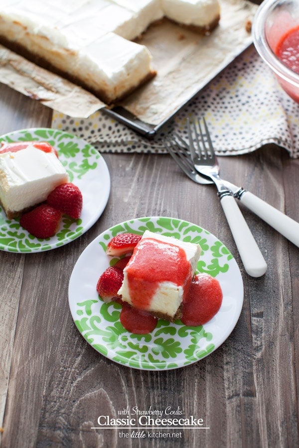 A really easy cheesecake recipe...it's a classic and can be made in a square or round cake pan! Classic Cheesecake Recipe with Strawberry Coulis Recipe from thelittlekiitchen.com