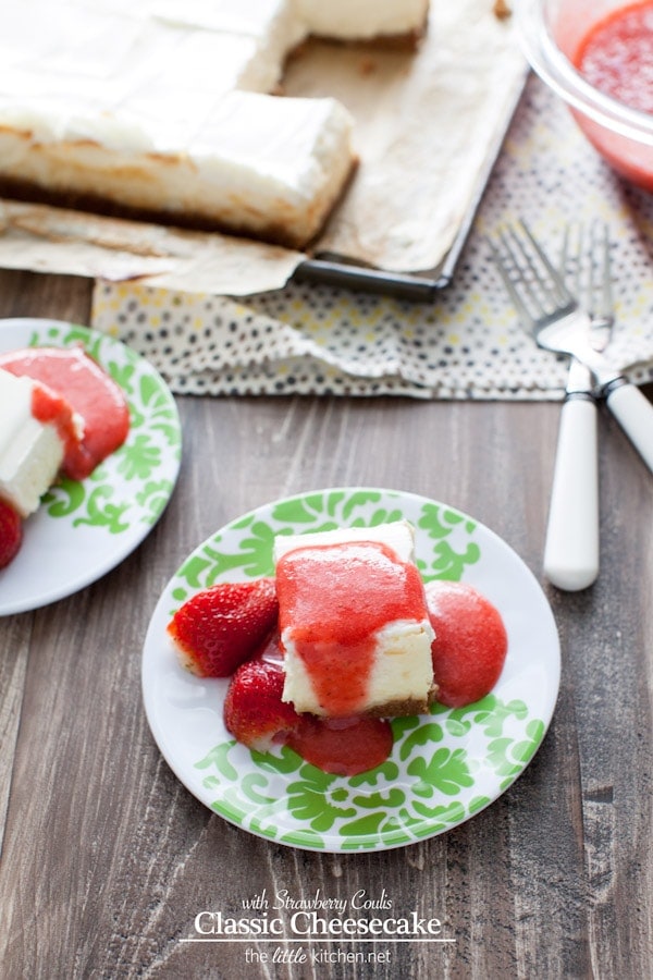 A really easy cheesecake recipe...it's a classic and can be made in a square or round cake pan! Classic Cheesecake Recipe with Strawberry Coulis Recipe from thelittlekiitchen.com