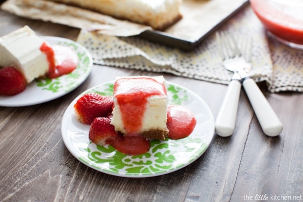 A really easy cheesecake recipe...it's a classic and can be made in a square or round cake pan! Classic Cheesecake Recipe with Strawberry Coulis Recipe from thelittlekiitchen.com