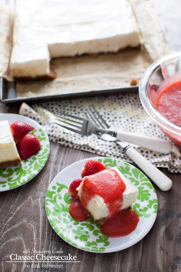 A really easy cheesecake recipe...it's a classic and can be made in a square or round cake pan! Classic Cheesecake Recipe with Strawberry Coulis Recipe from thelittlekiitchen.com