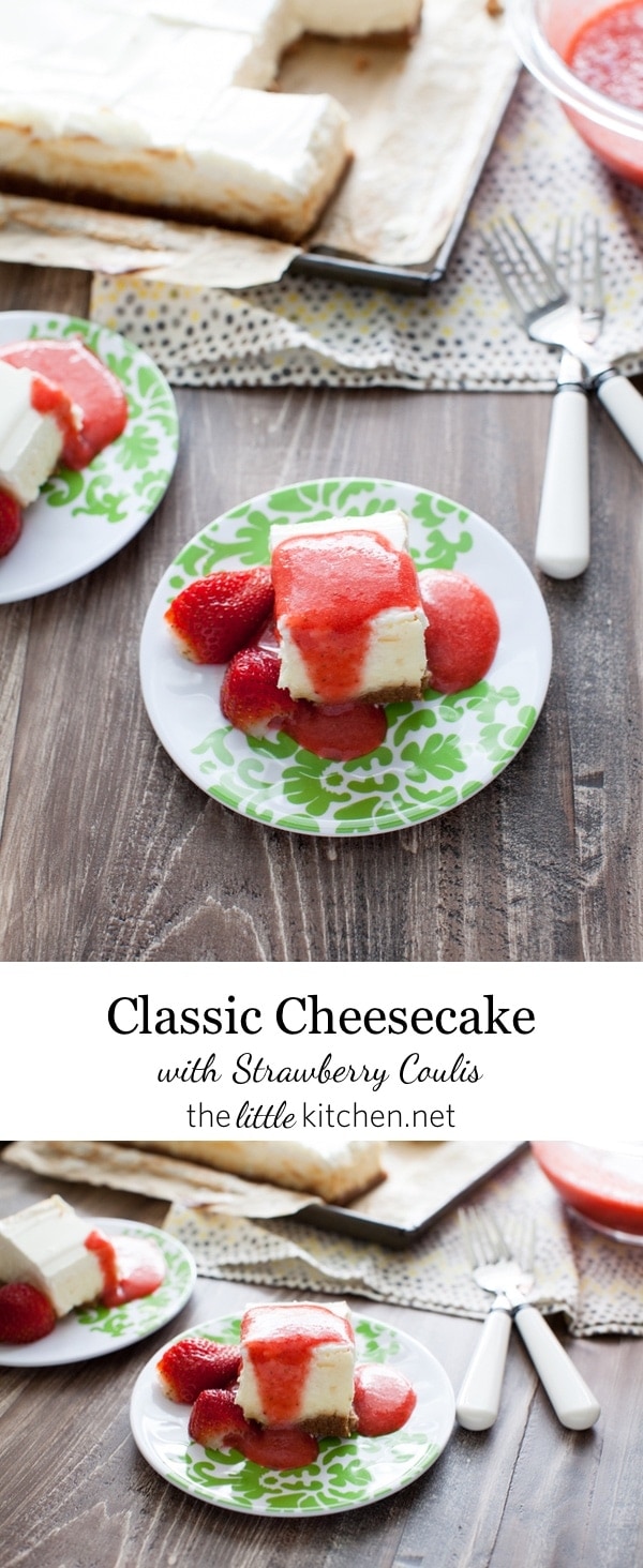 A really easy cheesecake recipe...it's a classic and can be made in a square or round cake pan! Classic Cheesecake Recipe with Strawberry Coulis Recipe from thelittlekiitchen.com