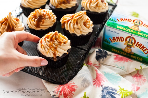 Double Chocolate Cupcakes with Salted Caramel Buttercream from thelittlekiitchen.com
