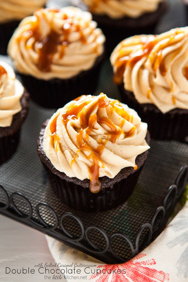 Double Chocolate Cupcakes with Salted Caramel Buttercream from thelittlekiitchen.com