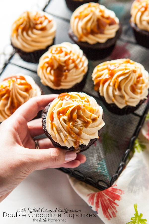 Double Chocolate Cupcakes with Salted Caramel Buttercream from thelittlekiitchen.com