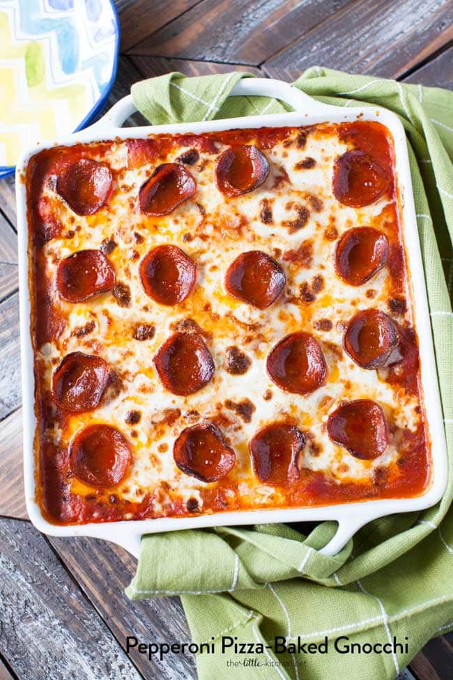 Pepperoni Pizza-Baked Gnocchi from thelittlekiitchen.com