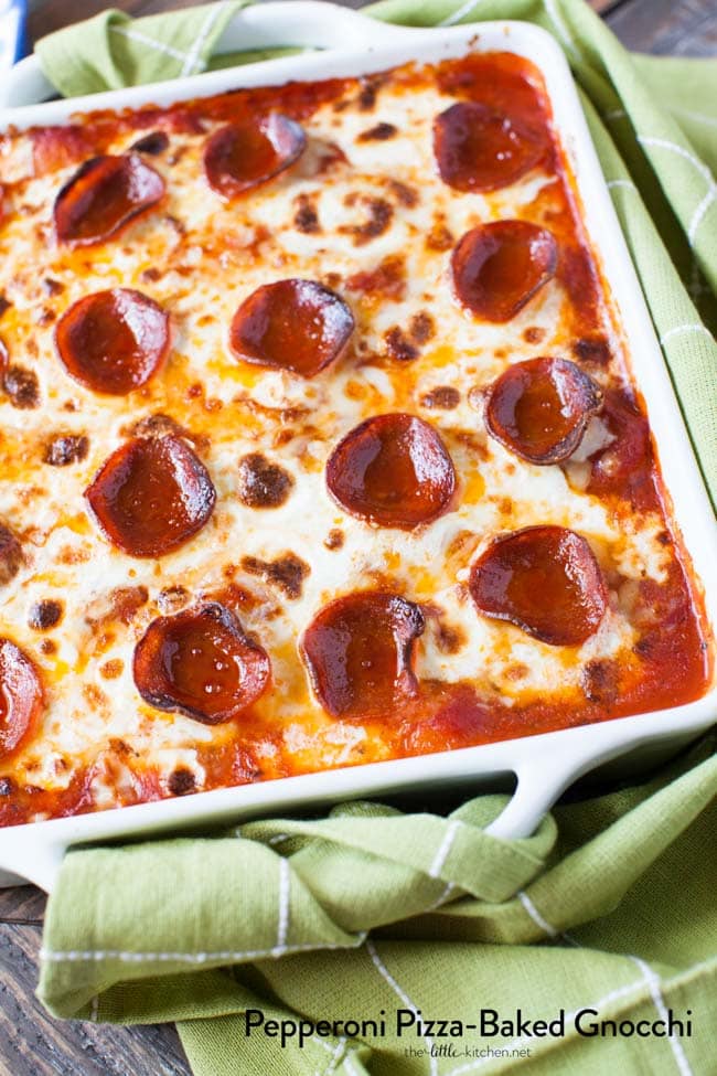 Pepperoni Pizza-Baked Gnocchi from thelittlekiitchen.com