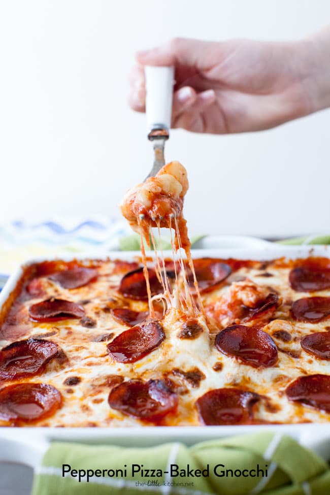 Pepperoni Pizza-Baked Gnocchi from thelittlekiitchen.com