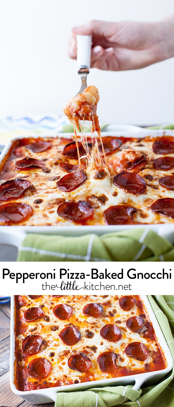 Pepperoni Pizza-Baked Gnocchi from thelittlekiitchen.com