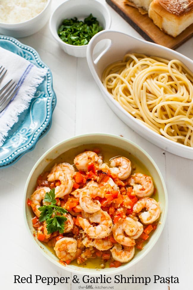 Red Pepper and Garlic Shrimp Pasta from thelittlekiitchen.com